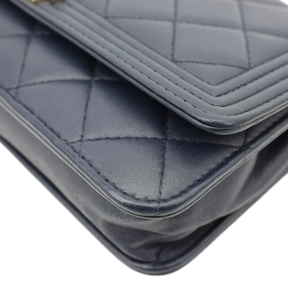 Chanel  Boy Quilted Calfskin Leather Wallet On Chain Crossbody Bag Navy Blue - Picture 9 of 15